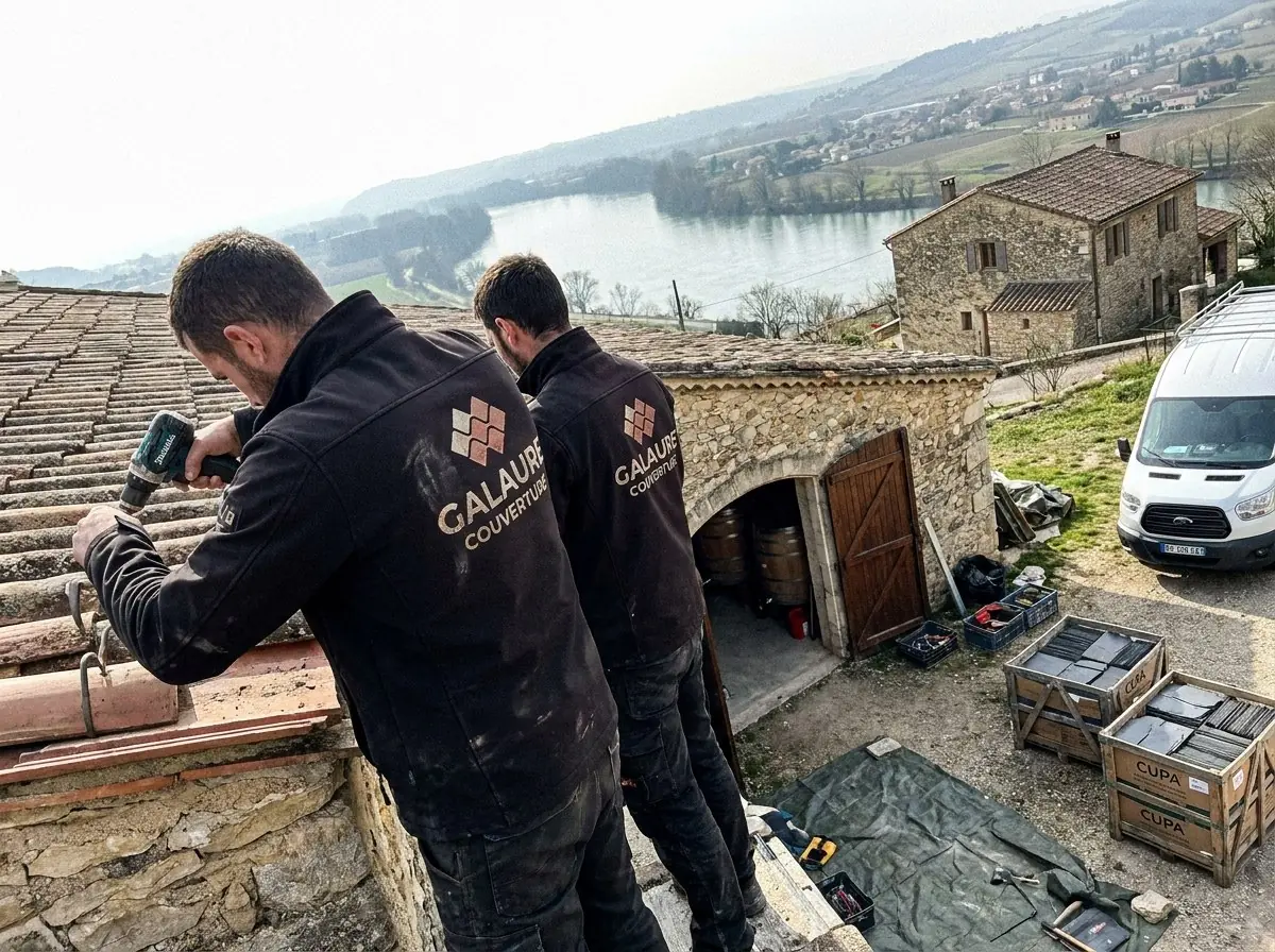 Deux couvreurs de Galaure Couverture refixent des tuiles canal sur un cellier en pierre, le Rhône en contrebas près de Saint-Vallier