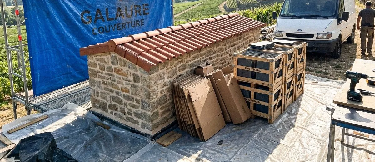 Bâti en pierre recouvert de tuiles canal neuves par Galaure Couverture, bâche au nom de l'entreprise, sol protégé par un film, dans les vignes de la Drôme des collines