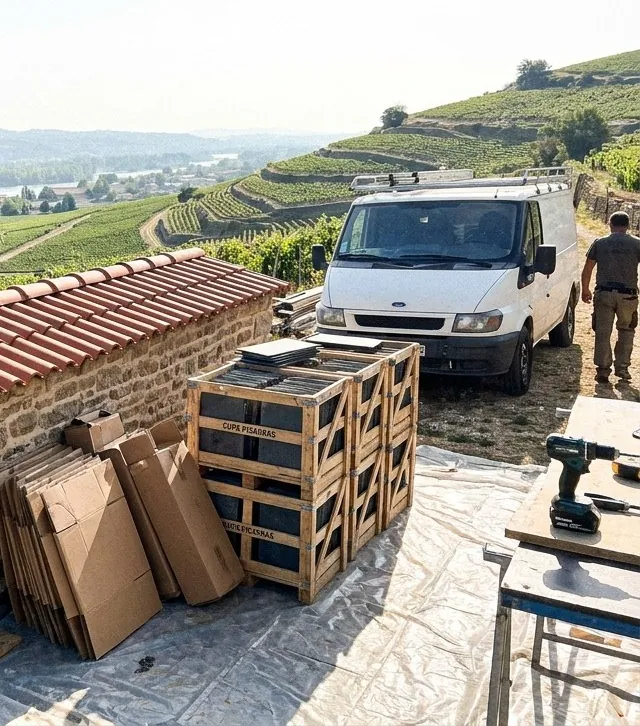 Chantier de couverture Galaure Couverture au milieu des vignes en terrasses des collines de la Drôme, camionnette et palettes au bord du chemin